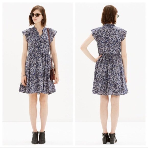 Madewell Silk floral button swing dress navy gray size 4 - Picture 1 of 11
